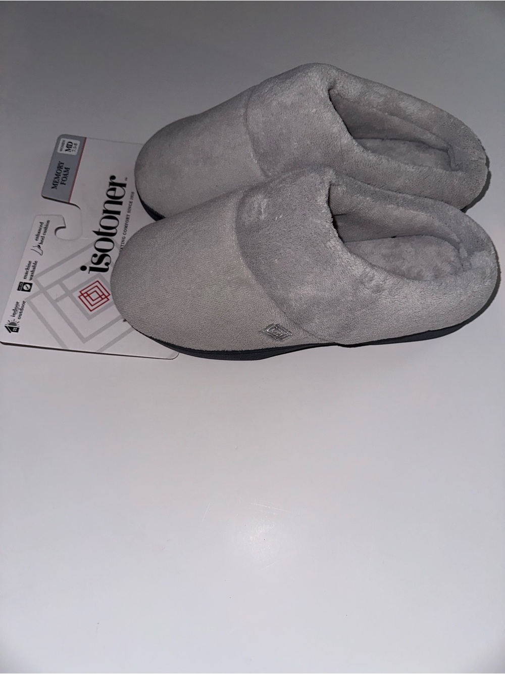 isotoner women’s Plush Light Gray Slip-On Slippers